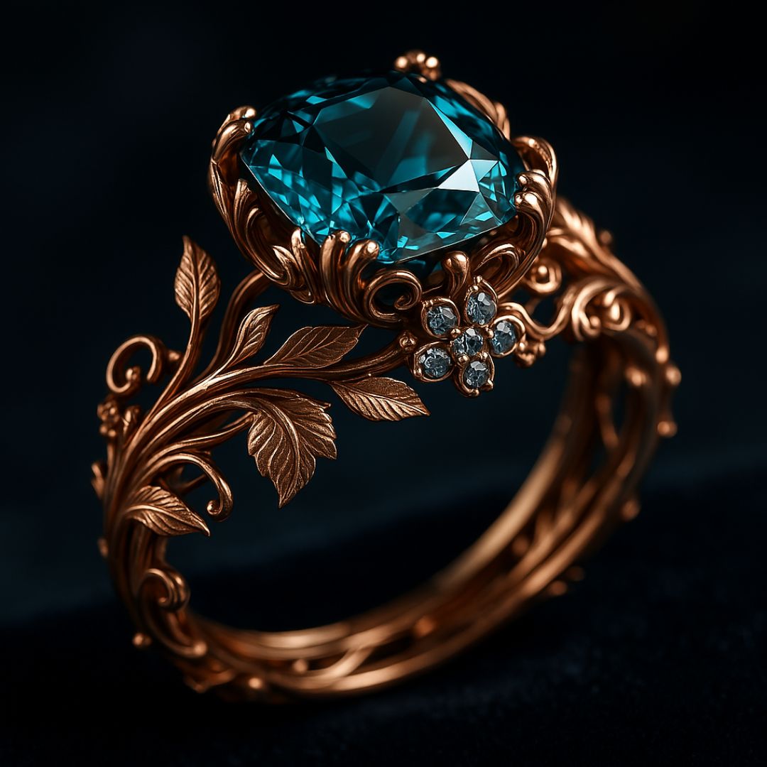 Green crystal ring in gold tone against dark background, close view