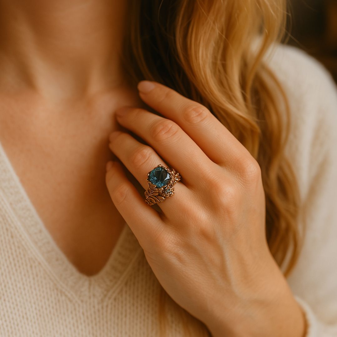 Woman wearing green crystal ring in gold tone, hand at neckline