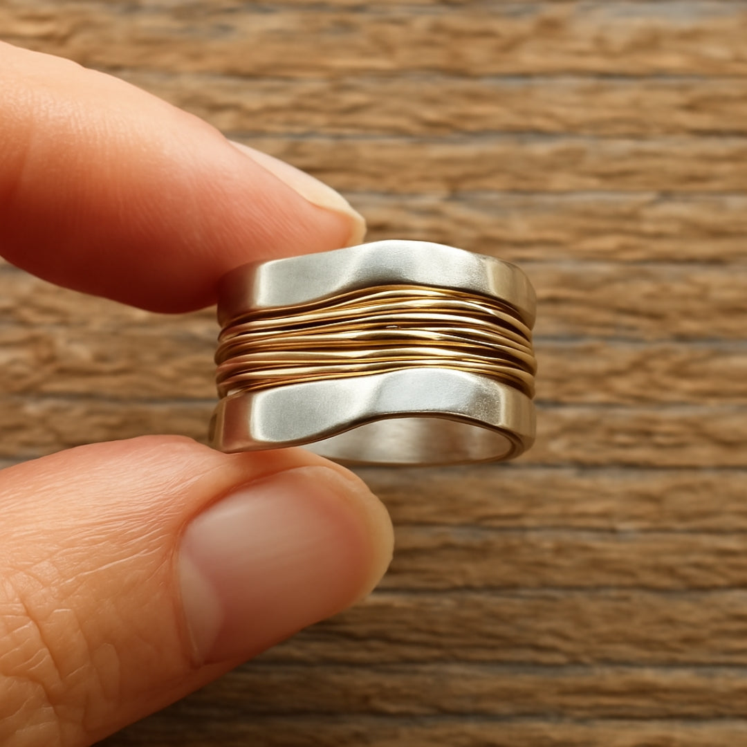 Golden threads ring held between two fingers, side view