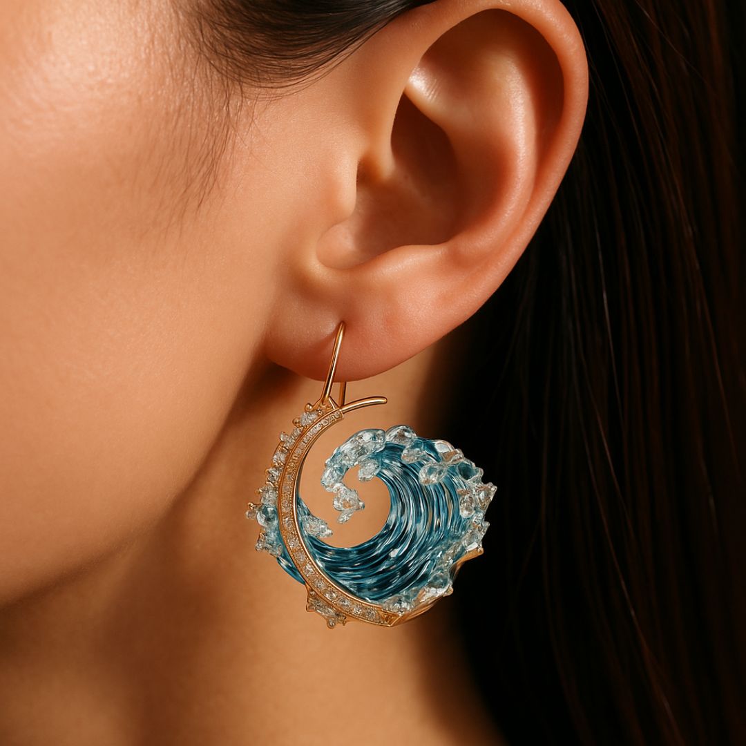 Azure Tide gold wave earring worn on the ear, close-up view