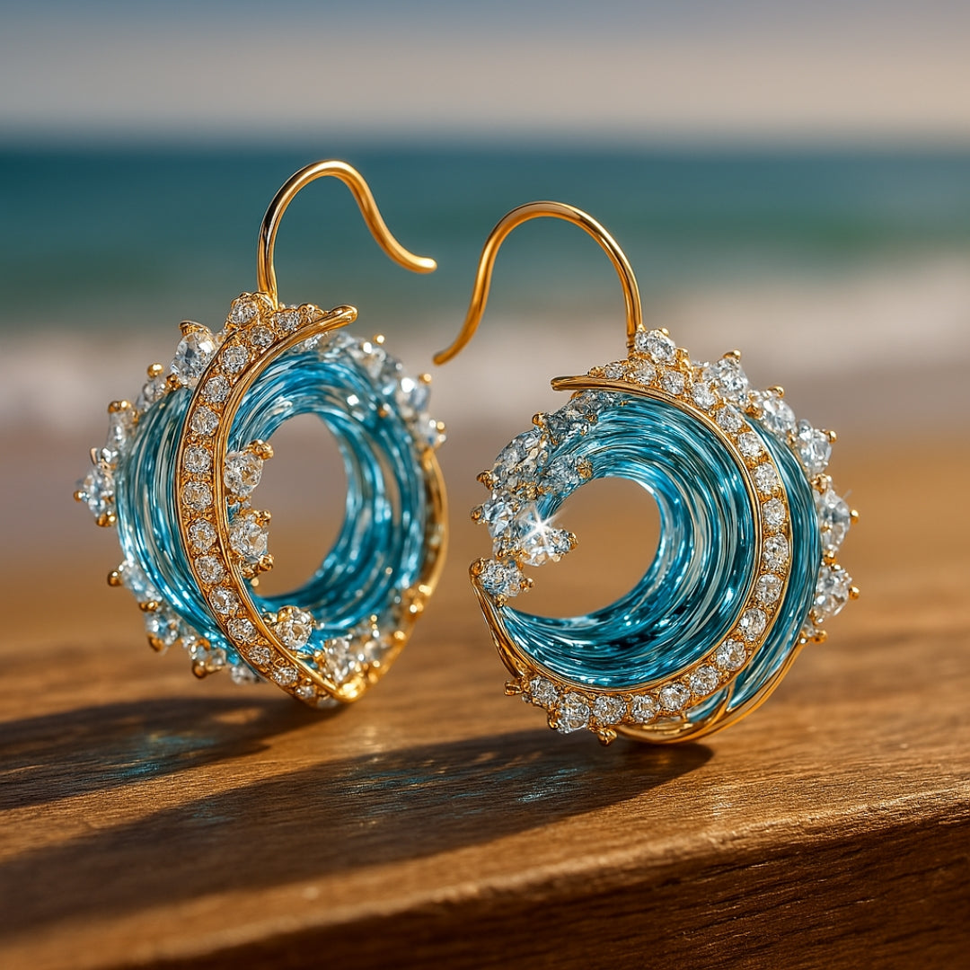 Azure Tide gold wave earrings with crystal edge, front view