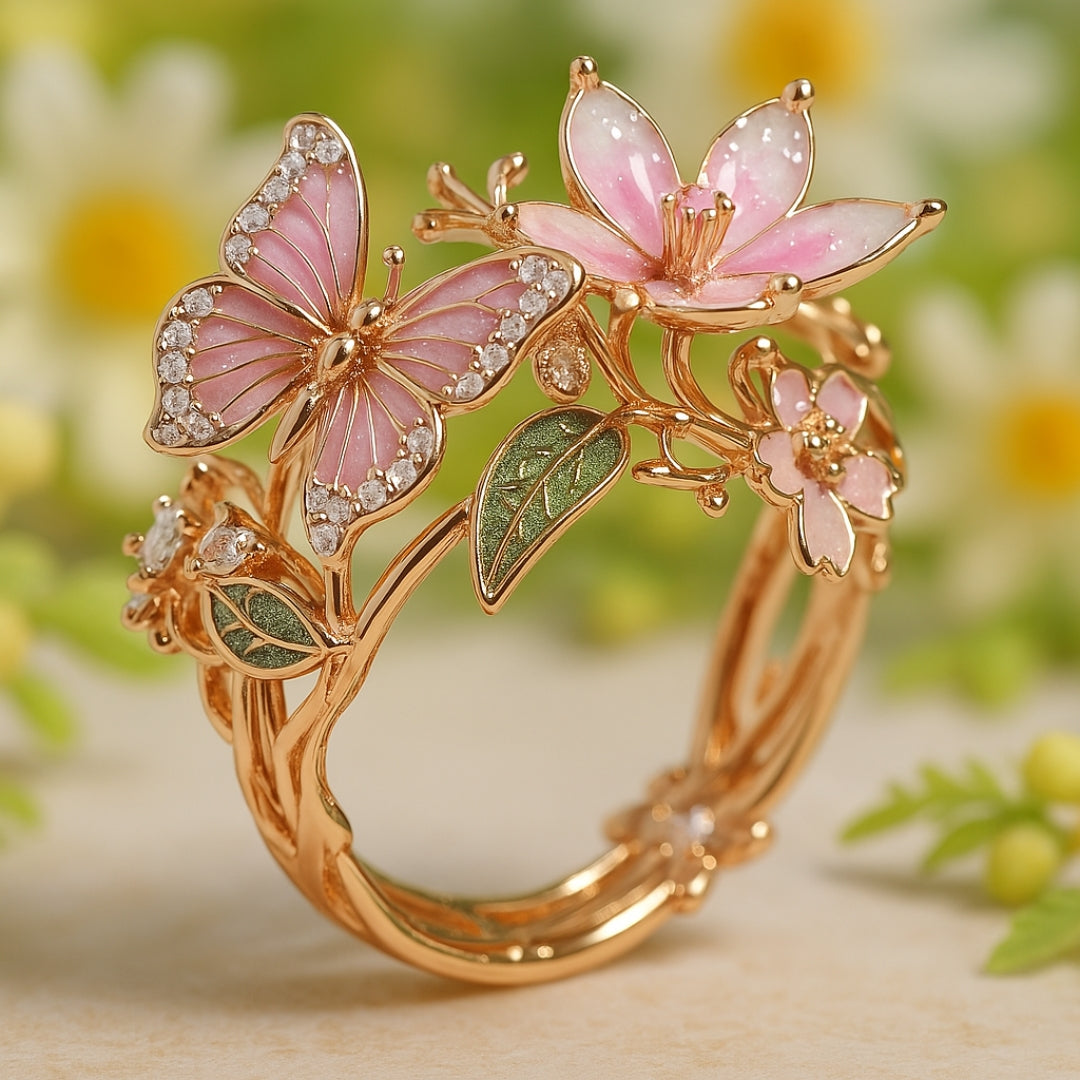 Butterfly zirconia ring in gold tone with pink blossom, side view