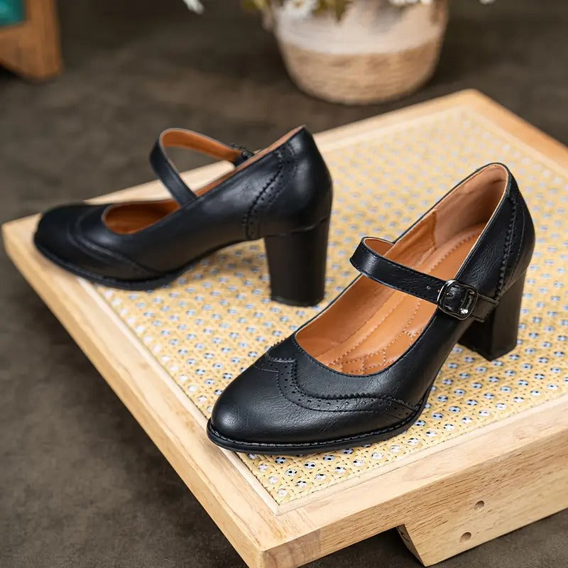 Dorka Mary Jane heels in black, pair shown from above