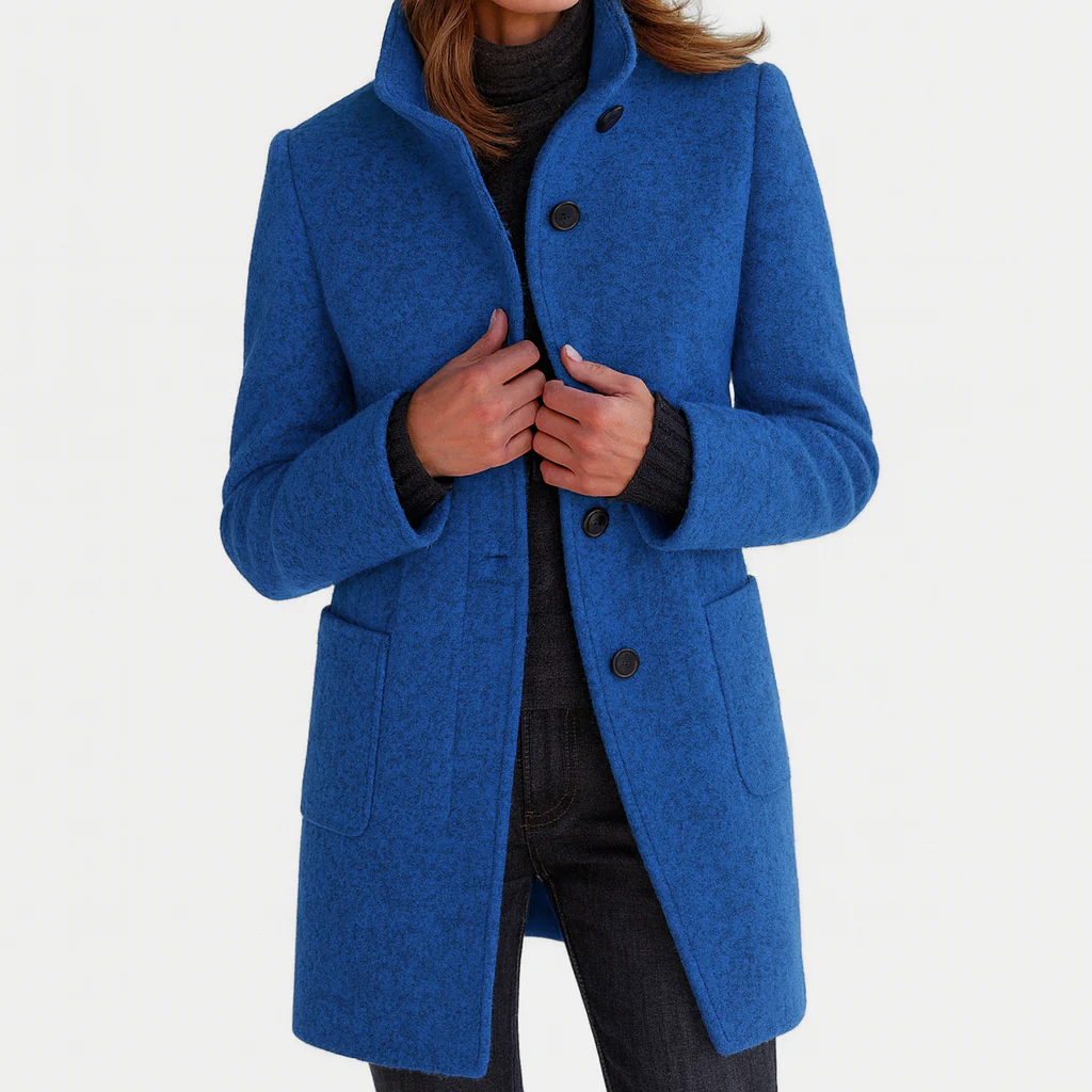 Eleonora midi-length coat in blue, full front view with stand-up collar
