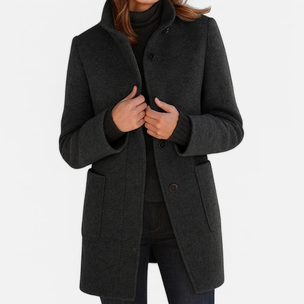 Eleonora midi-length coat in black, front view with collar upturned