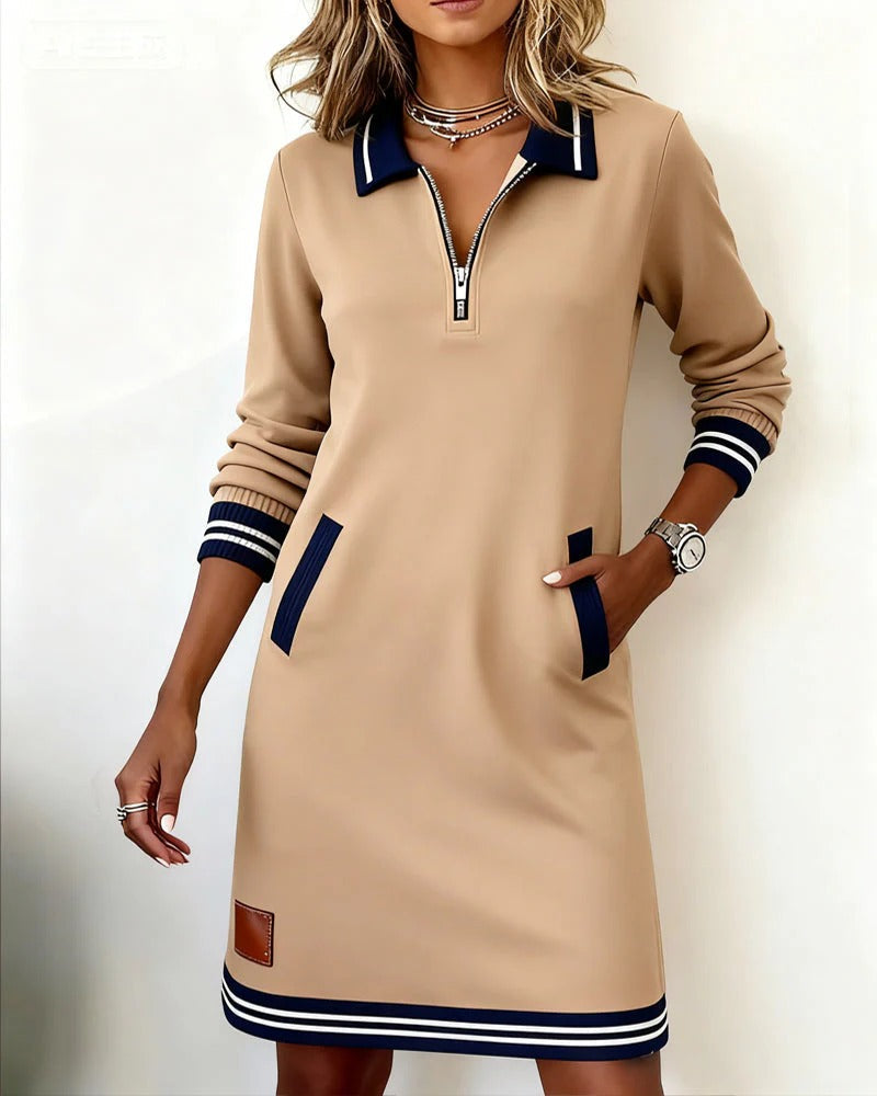 Harper zip collar dress in beige, full-length front view