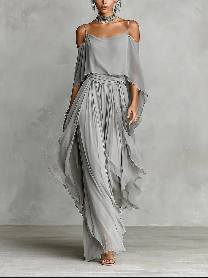 Isabela silver fluid set in silver grey, full-length front view