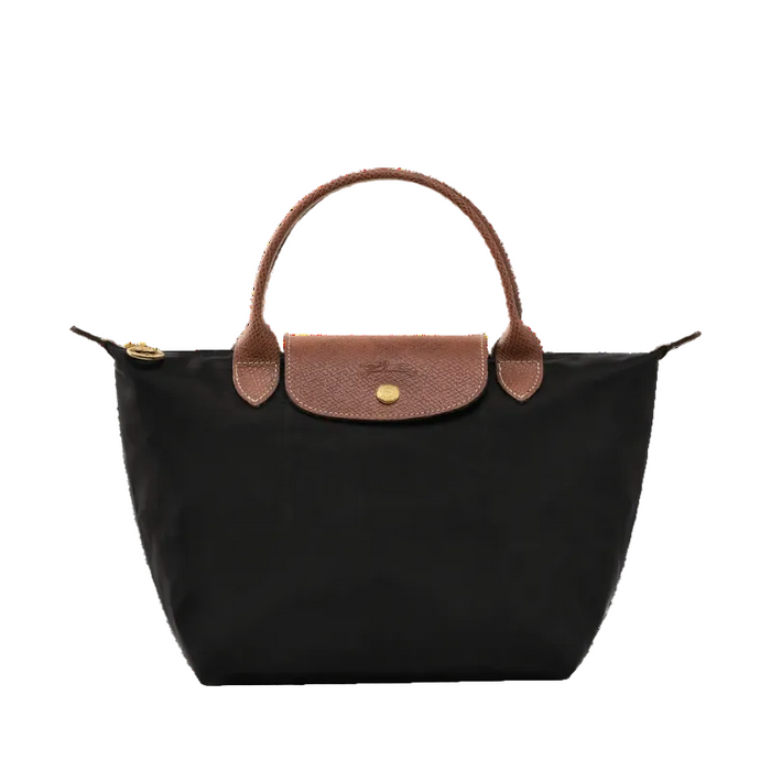 Medium tote bag in black with tan leather flap, front view
