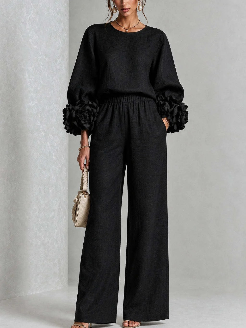 Penelope floral appliqué two-piece set in black, full front view