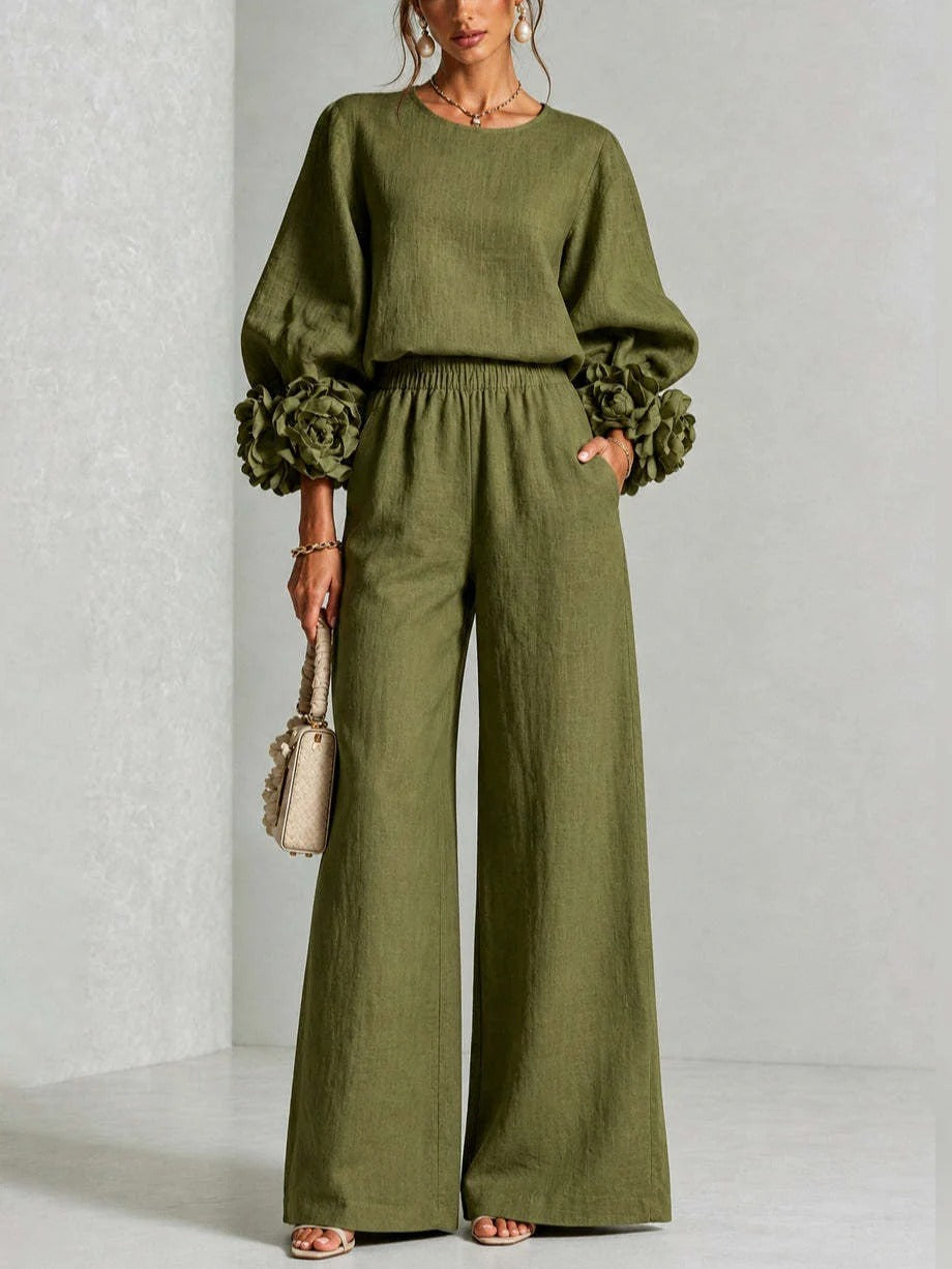 Penelope floral appliqué two-piece set in green, full front view