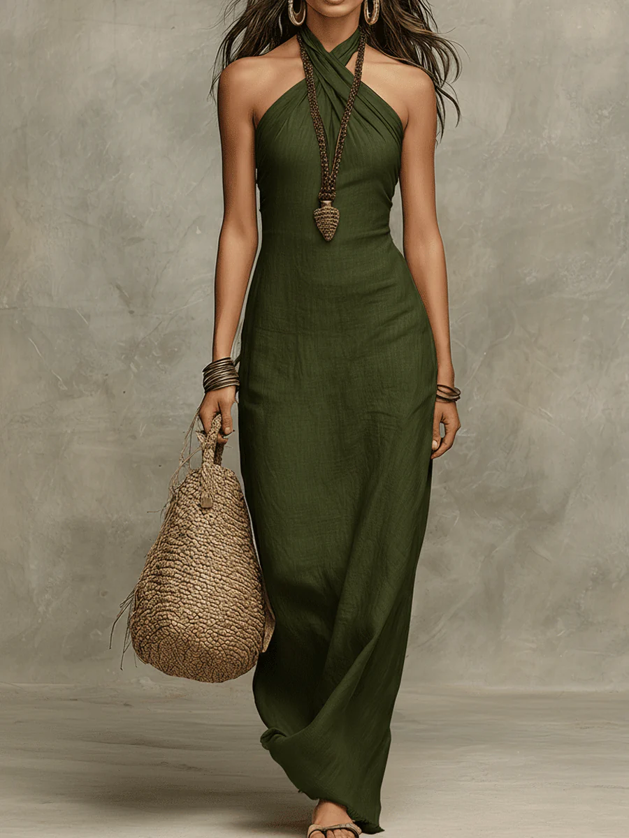 Neila sophisticated maxi dress in green, front view