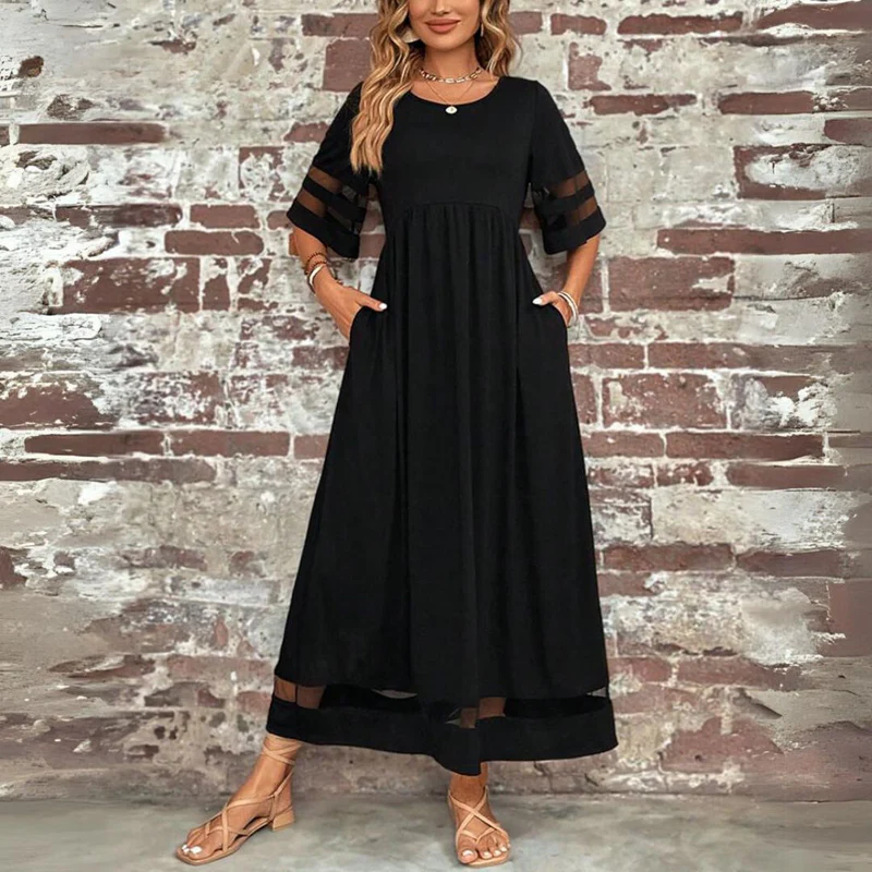 Cerelia midi dress in black, front view showing sheer sleeve stripes