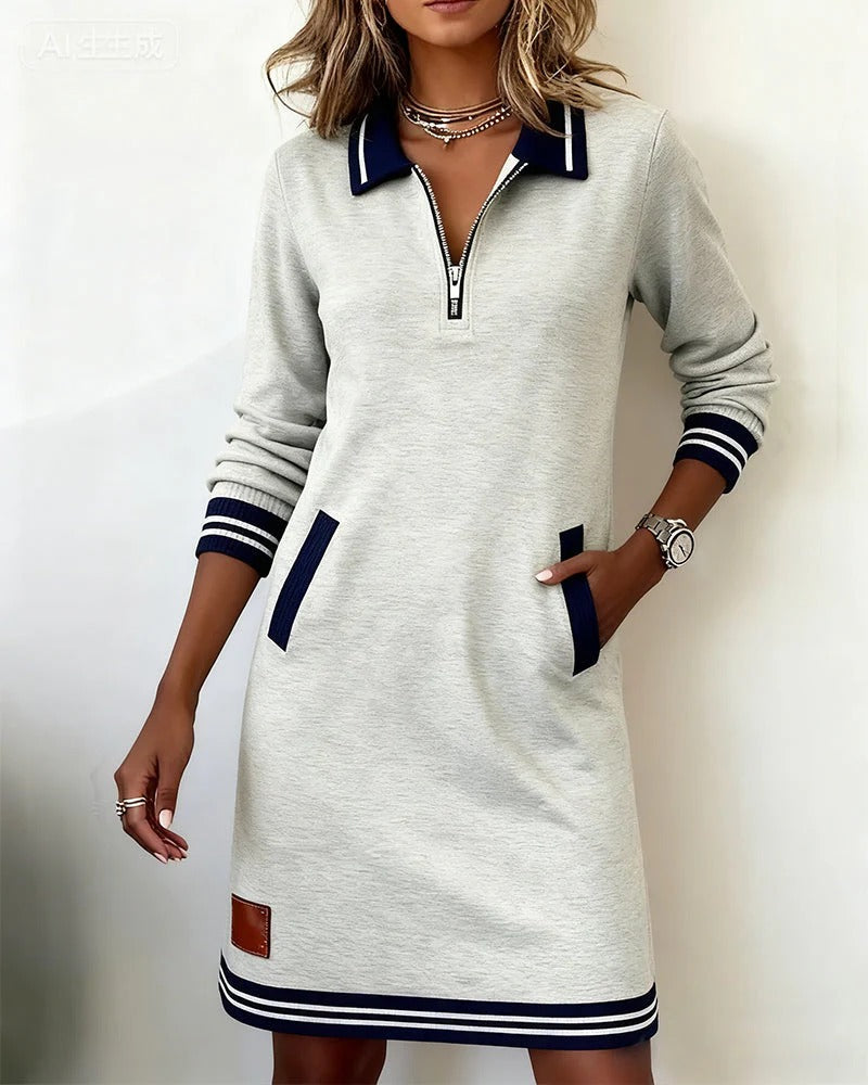 Harper zip collar comfort dress in grey, front view with navy trim