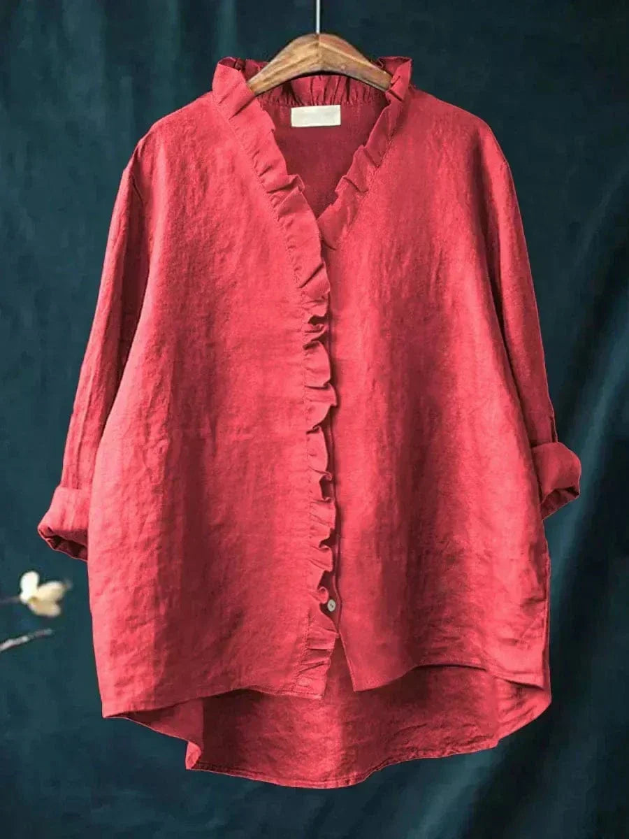 Thalia ruffled blouse in red, front view on hanger