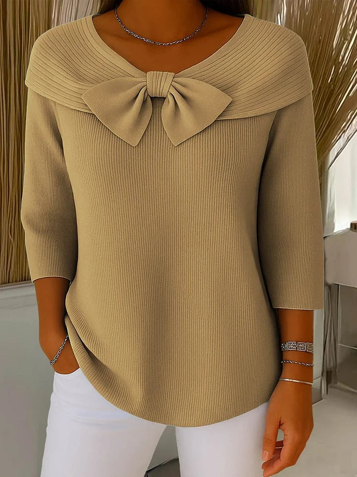 Tivella bow neckline sweater in khaki, front view