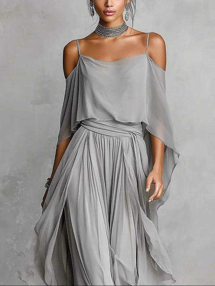 Isabela silver fluid set, close view of off-the-shoulder chiffon top