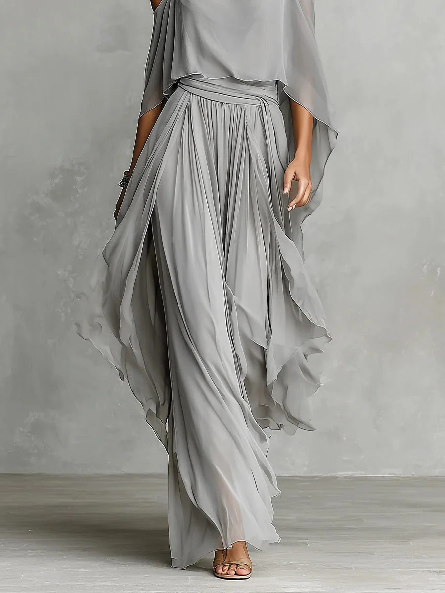 Isabela silver fluid set, wide chiffon trousers and layered overlay