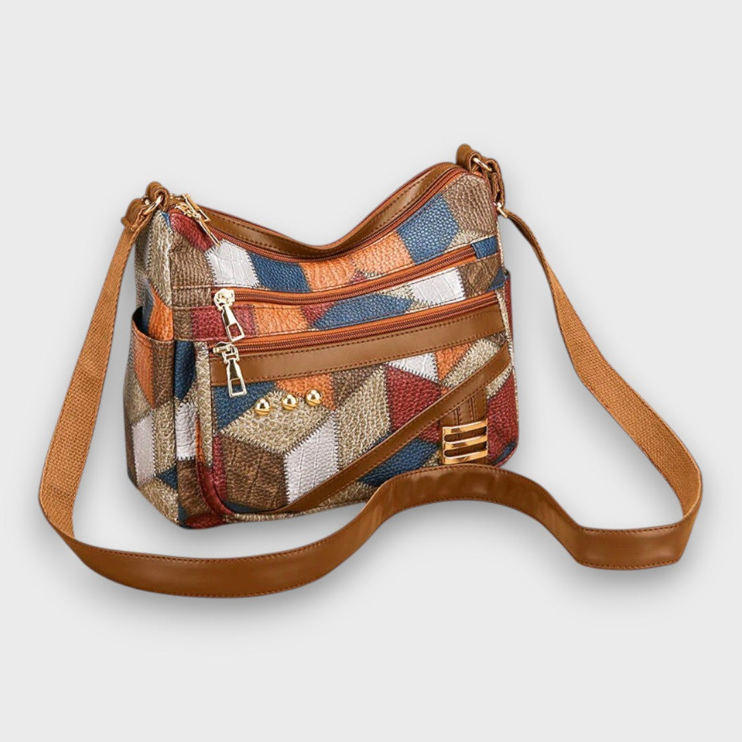 Maria patchwork shoulder bag with long tan strap, front view
