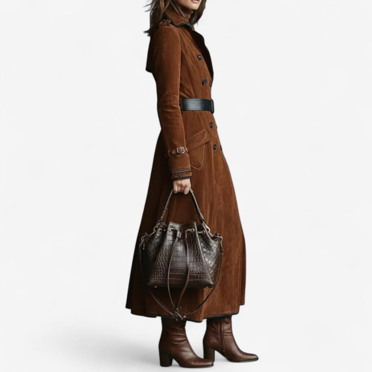 Nathaly long trench coat in brown, belted side view with boots
