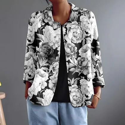 Leontina monochrome floral blouse, front view with collar and hip pockets