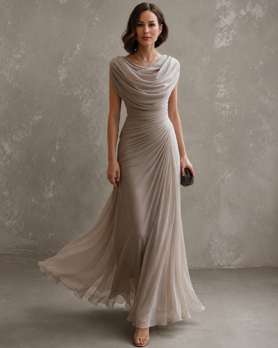 Jilliann draped maxi dress in beige, full-length front view