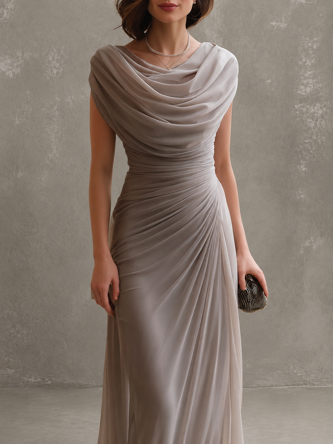 Jilliann maxi dress in beige, close view of cowl neckline and ruching