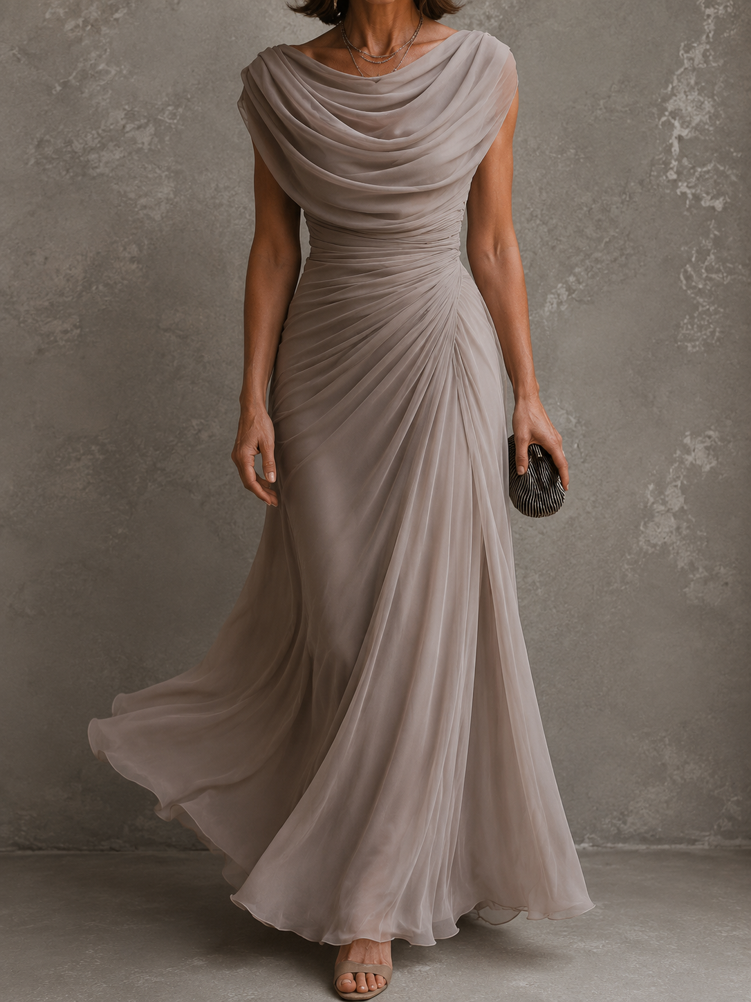 Jilliann maxi dress in beige, detail of ruched waist and flowing skirt