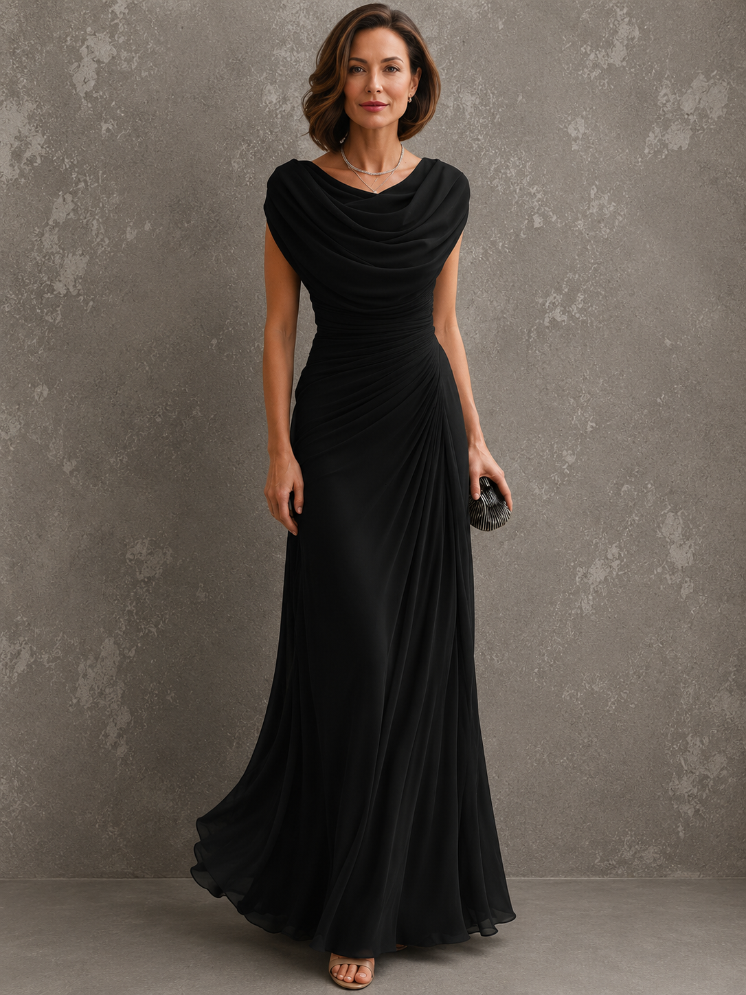 Jilliann draped maxi dress in black, full-length front view