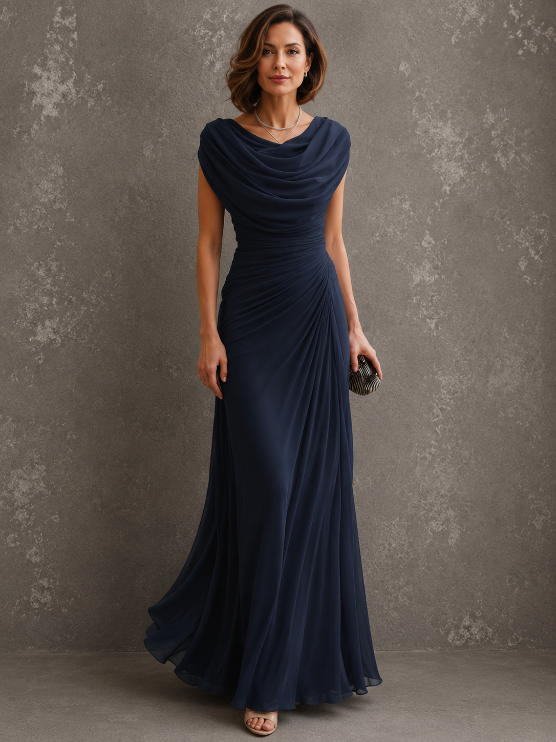 Jilliann draped maxi dress in navy blue, full-length front view