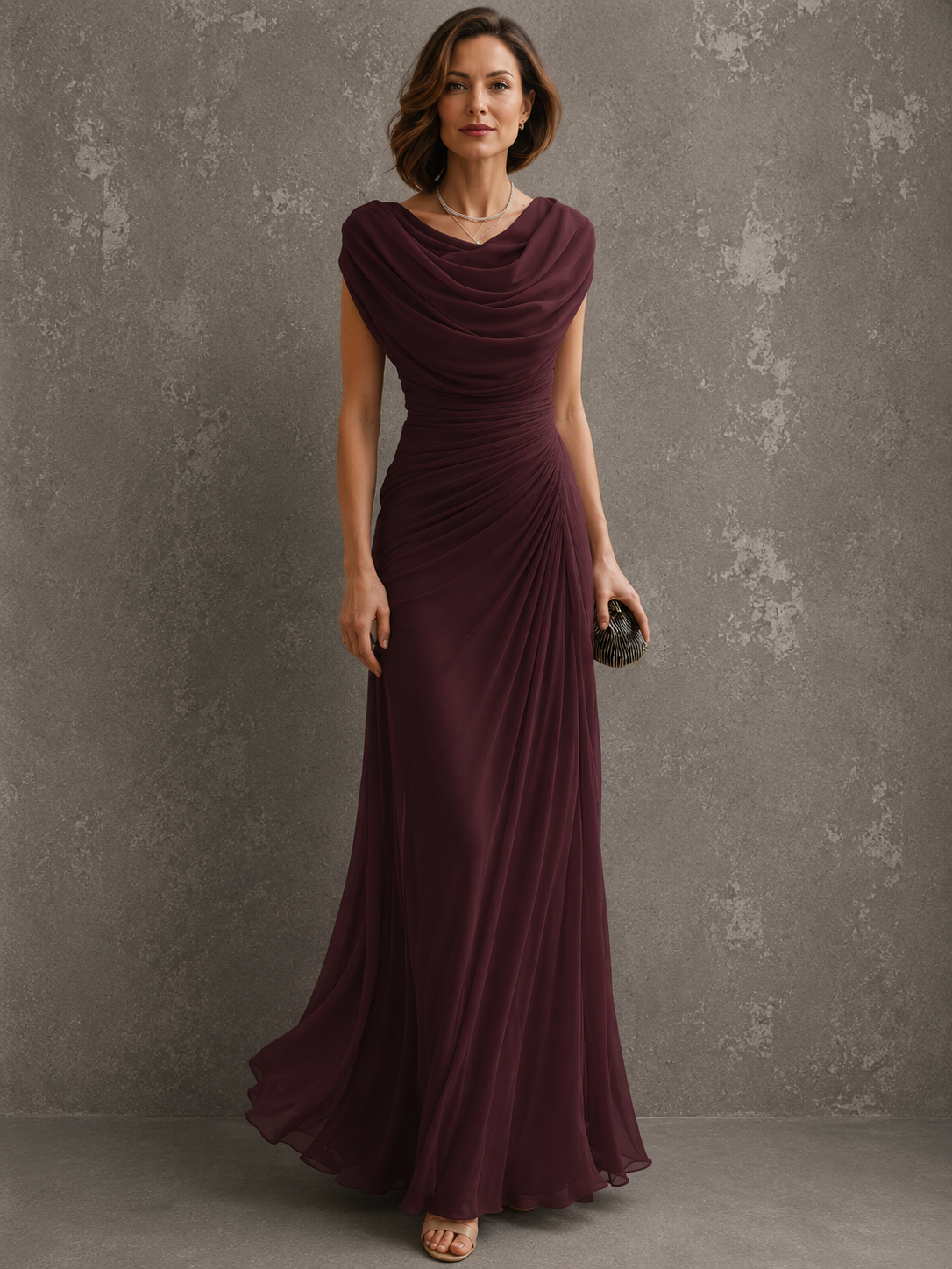Jilliann draped maxi dress in burgundy, full-length front view