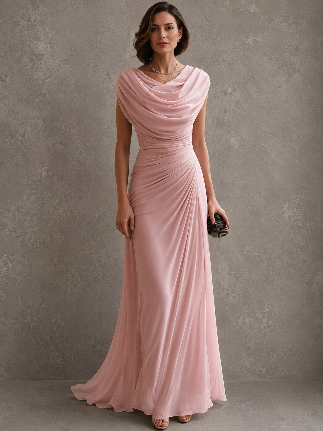 Jilliann draped maxi dress in pink, full-length front view