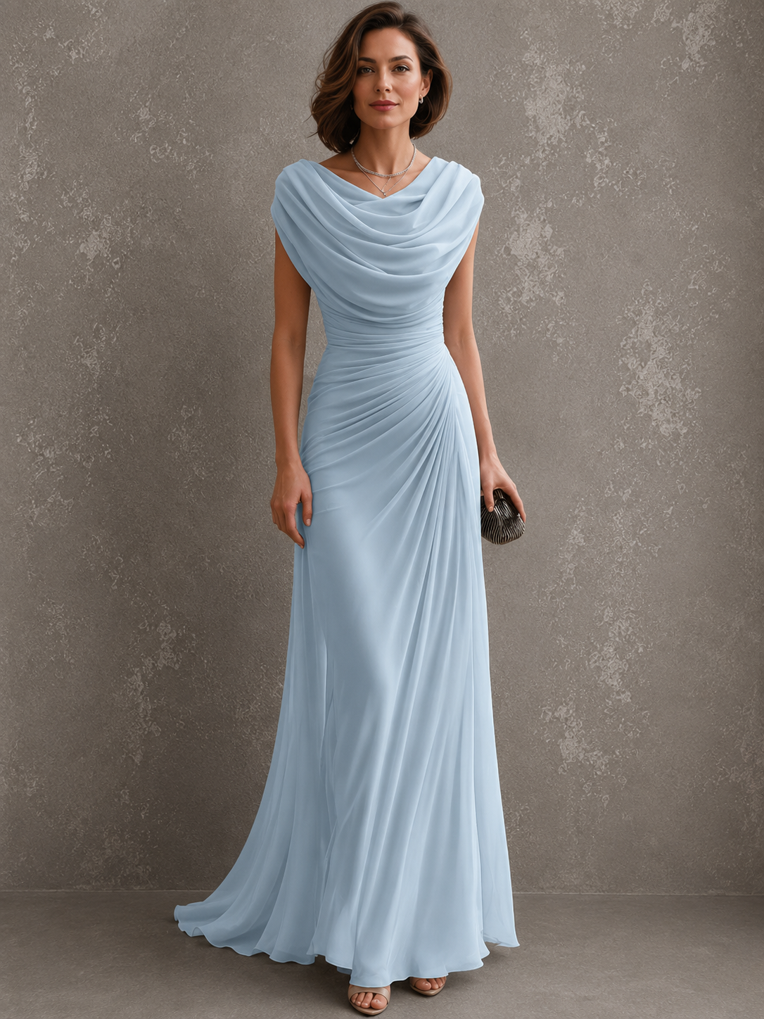Jilliann draped maxi dress in light blue, full-length front view