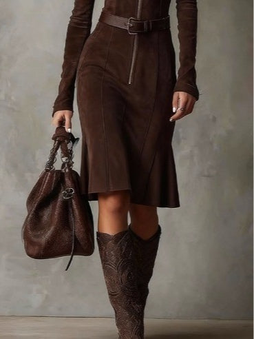 Roweno brown midi dress, close view of belted waist and flared skirt