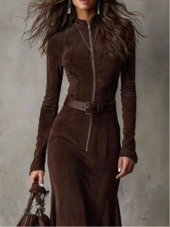 Roweno brown midi dress showing stand collar and zip detail