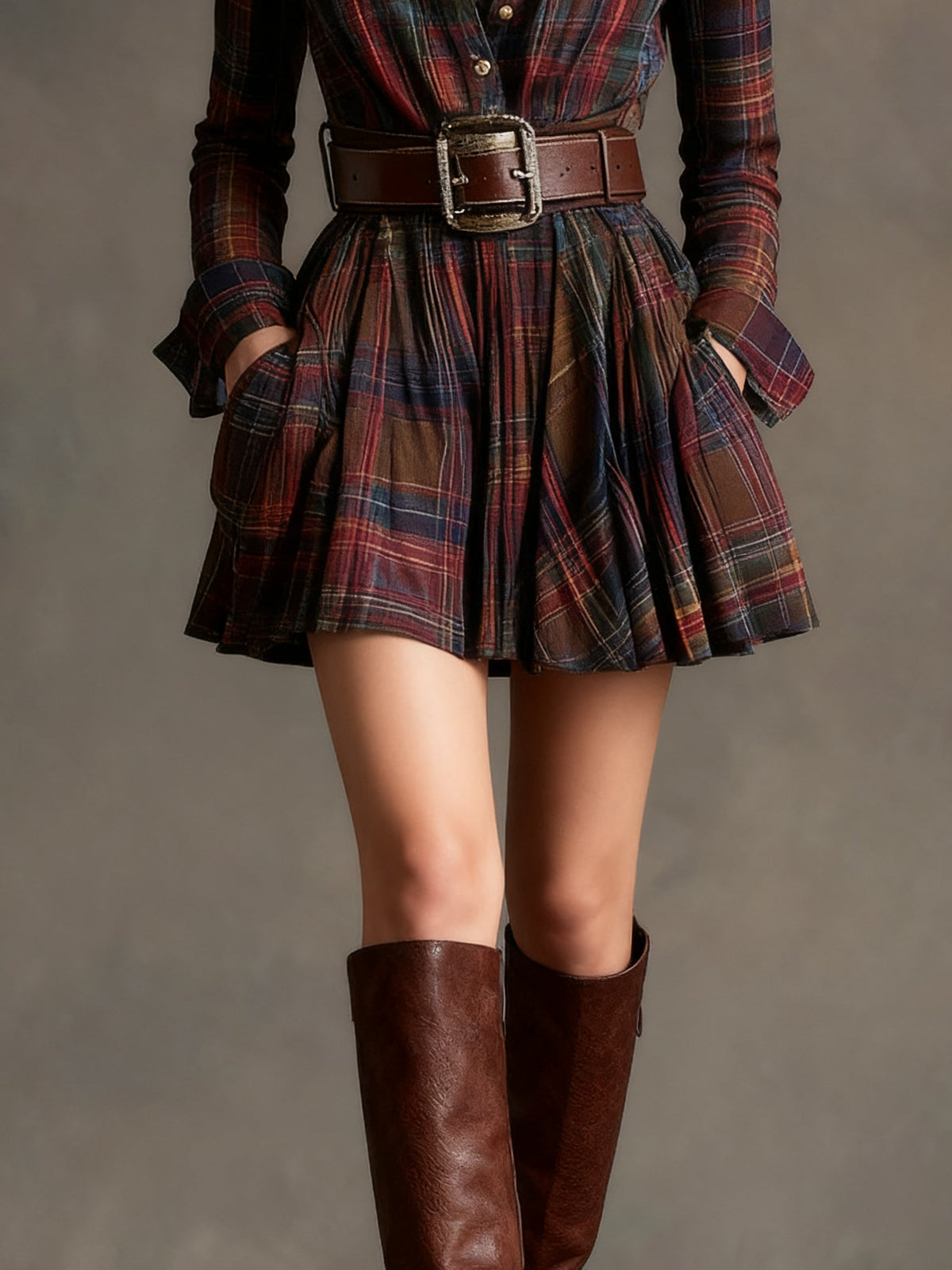 Sienna belted shirt dress in red plaid, detail of pleated skirt and side pockets