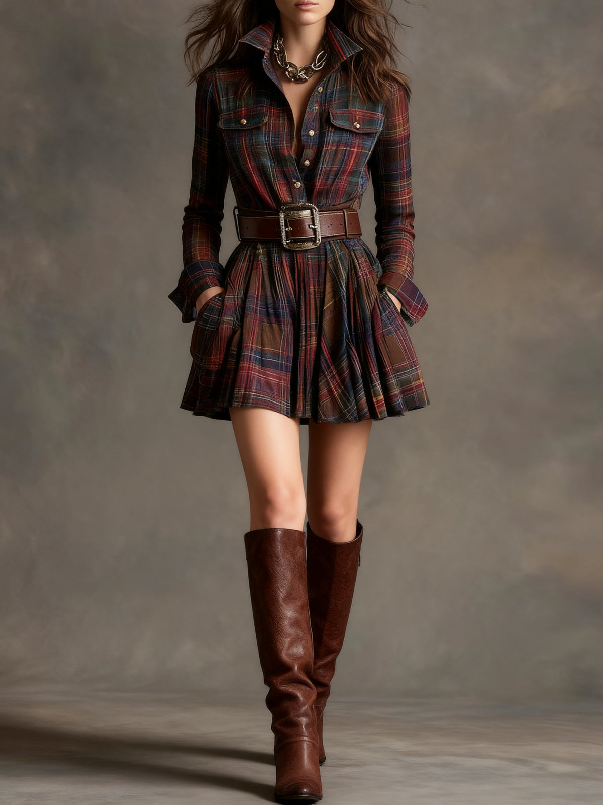 Zinnia vintage plaid mini dress in reddish brown, full-length front view with belt