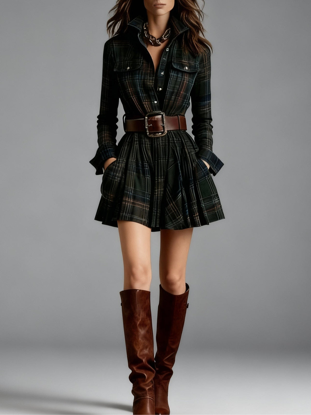 Zinnia vintage plaid mini dress in dark green, full-length front view