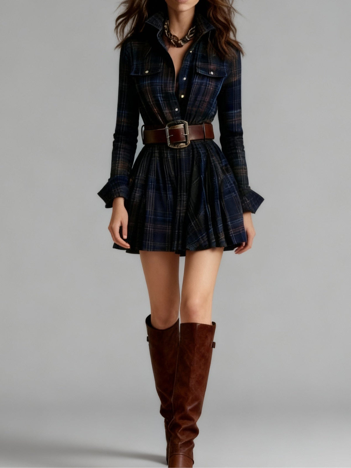 Zinnia vintage plaid mini dress in dark blue, full-length front view