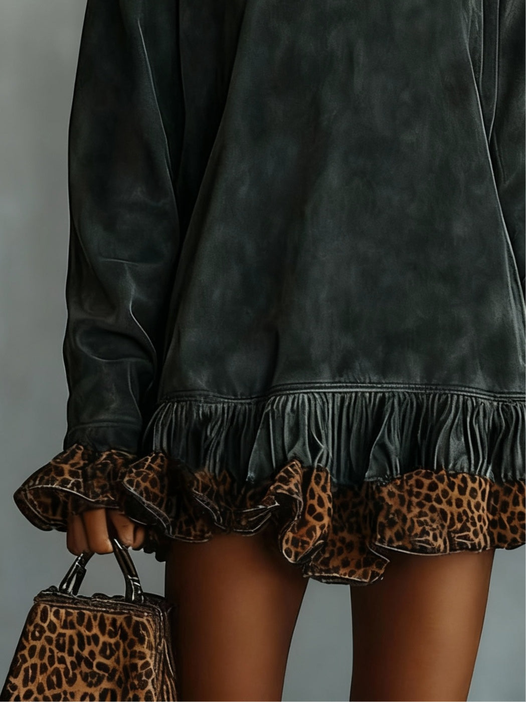 Zara mini dress close-up of leopard print panel and ruffled hem