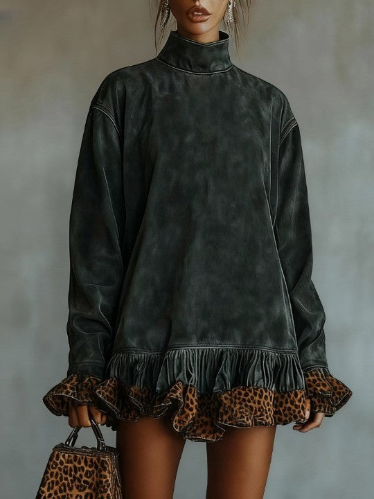 Zara turtleneck mini dress in washed charcoal with leopard ruffle hem, front view