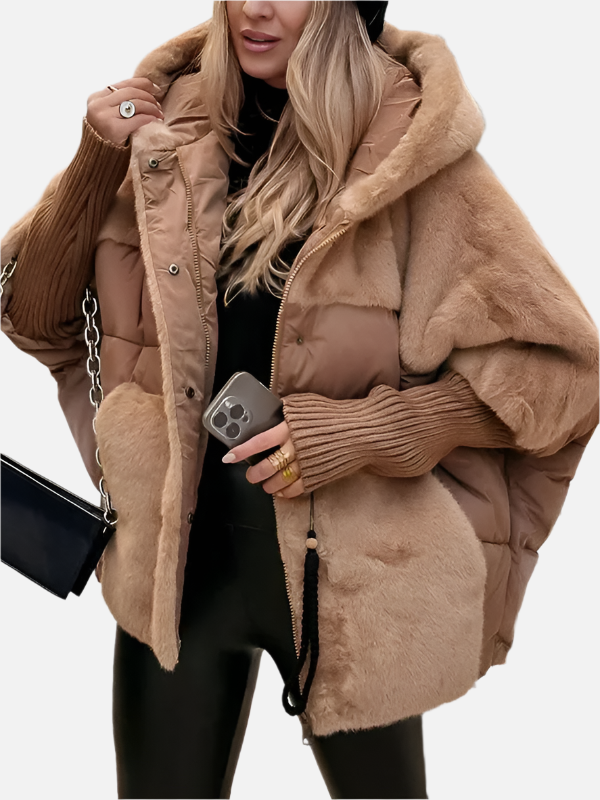 Elsie puffer jacket in brown, front view with hood and pockets