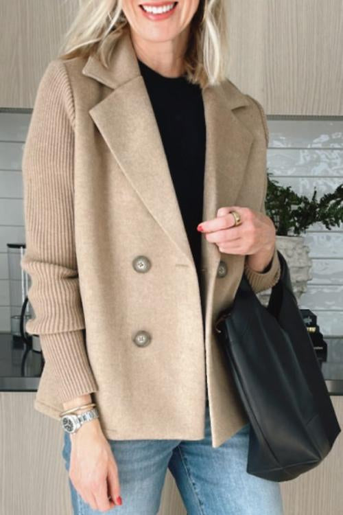 Sasha casual blazer coat in camel brown, front view worn open