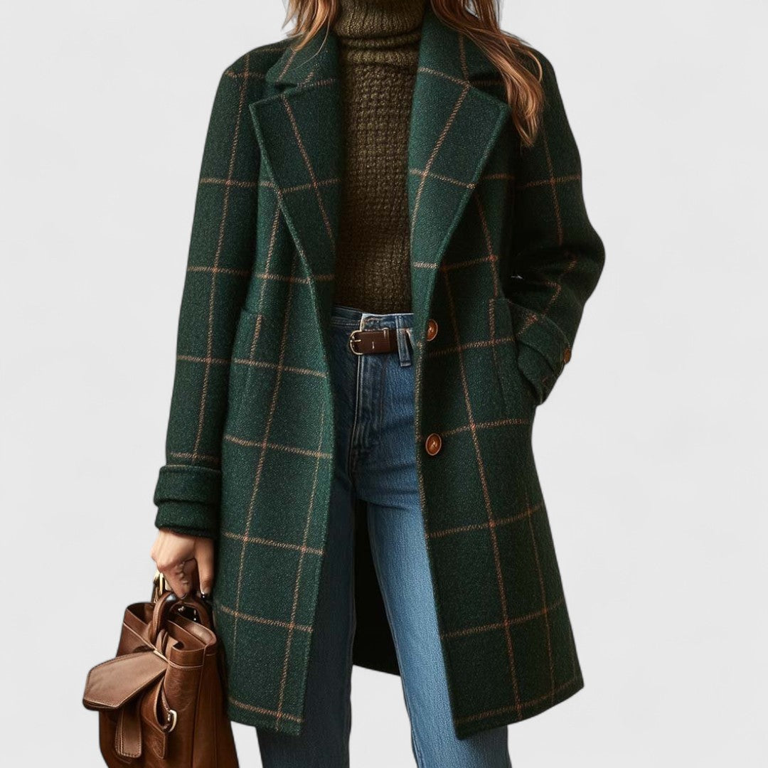 Izabela classic checked coat in dark green, front view worn with denim