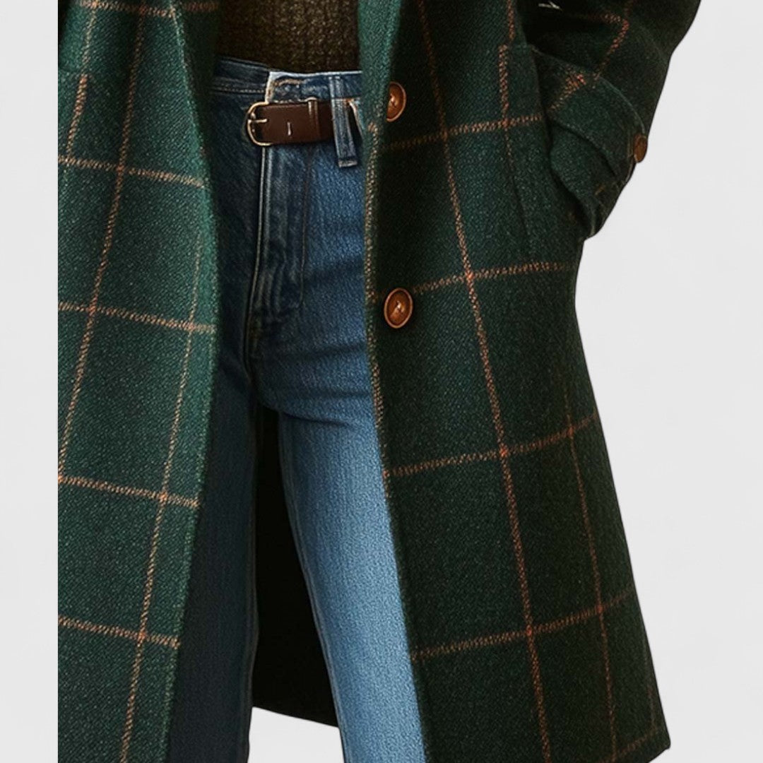 Izabela checked coat in dark green, close-up of tan button front fastening