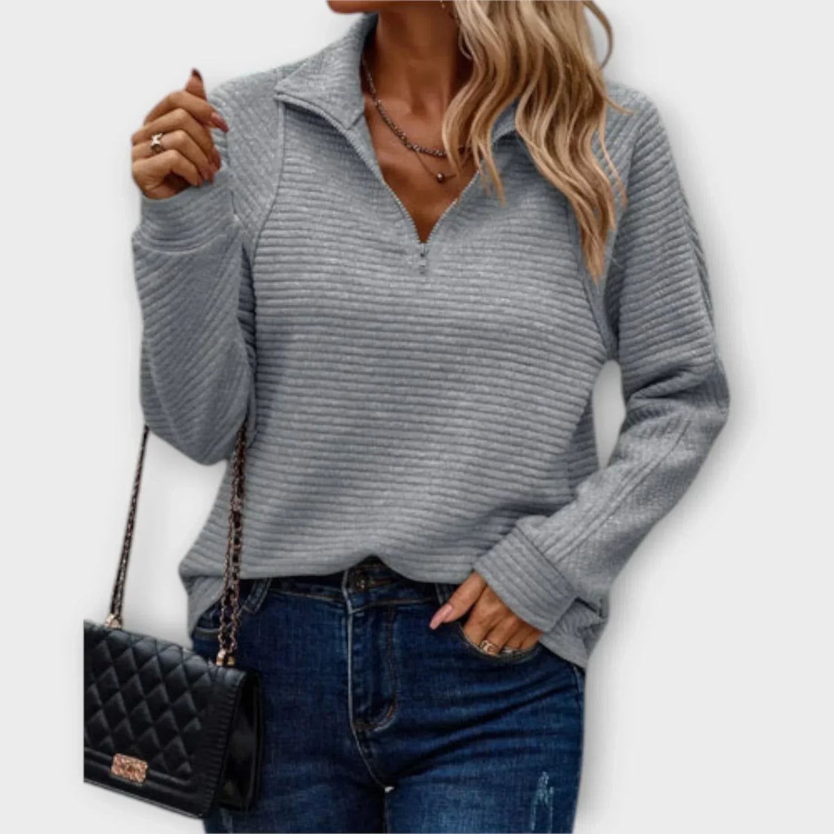Veylin halfzip pullover in grey, front view showing ribbed texture
