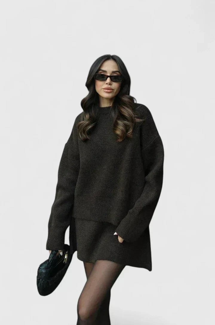 Ximaryell knitted sweater set in dark brown, full-length front view