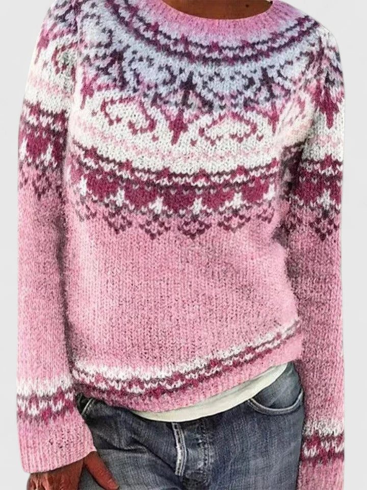Yvanderrah patterned sweater in pink and white, close front view