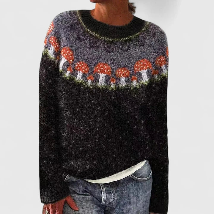 Yvanderrah patterned sweater in black with mushroom motif yoke
