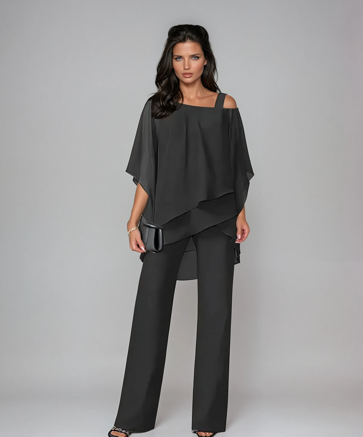 Scarlett two-piece layered set in black, full-length front view