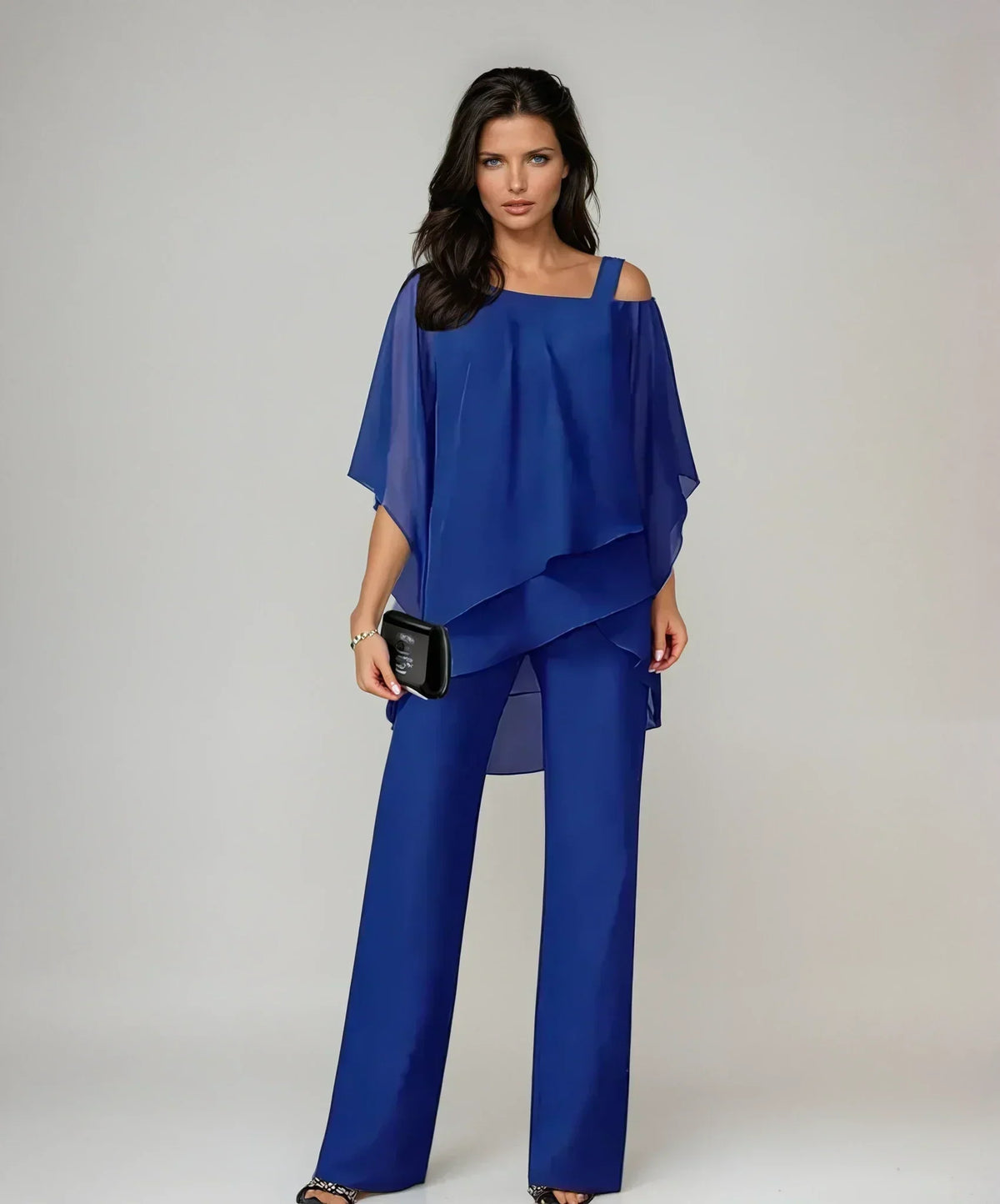 Mary two-piece layered set in blue, front view with wide-leg trousers